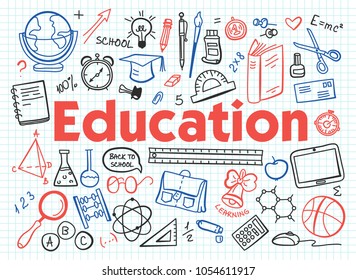 Hand drawn design vector illustration, set of education, education process, learning in educational institution and items of study equipment in doodle style, for graphic and web design