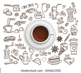 Hand drawn design vector illustration, Coffee cup with set of Coffee drink icons in doodle style, for graphic and web design