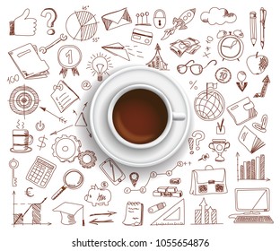 Hand drawn design vector illustration, Coffee cup with set of business icons in doodle style, for graphic and web design