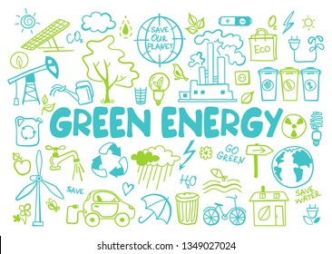 Hand drawn design vector illustration, set green energy icons in doodle style, for graphic and web design