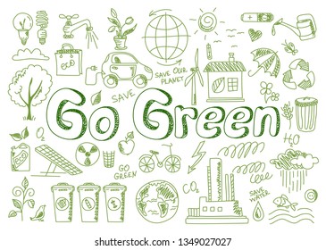 Hand drawn design vector illustration, set of go green icons, in doodle style, for graphic and web design