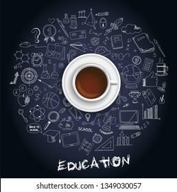 Hand drawn design vector illustration, set of education, education process, learning in educational institution and items of study equipment in doodle style, for graphic and web design