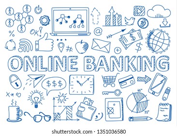 Hand drawn design vector illustration, set of online banking icons in doodles style, for graphic and web design