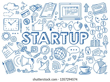 Ilustración vectorial de diseño dibujado a mano, conjunto de iconos de concepto de inicio en estilo doodle, para diseño gráfico y web