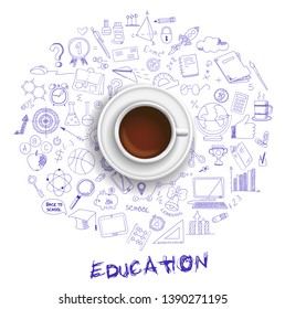 Hand drawn design vector illustration, coffee cup with set of education icons in doodle style, for graphic and web design