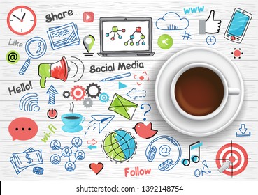 Hand drawn design vector illustration, coffee cup with set of social media and social networking concept icons in doodle style, for graphic and web design