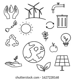 Hand drawn design vector illustration. Set of ecology. Ecology problem and green energy icons in doodle style. 
