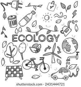 Dibujado a mano ilustración vectorial de diseño, conjunto de ecología, problema de ecología e iconos de energía verde en estilo doodle, para diseño gráfico. Ilustración vectorial eps10