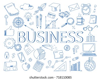 Hand drawn design vector illustration, set of business icons in doodles style, for graphic and web design