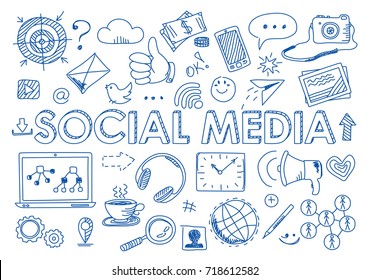 Hand drawn design vector illustration, set of social media, social networking, web communtity and posting news icons in doodle style, for graphic and web design
