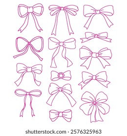 Hand drawn design with vintage coquette ribbon bow doodle retro outline vector isolated on white background 