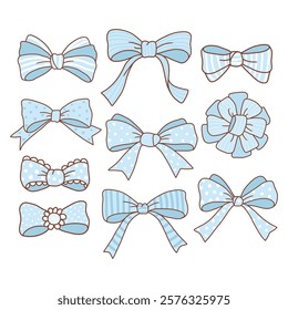 Hand drawn design with vintage coquette ribbon bow doodle retro blue vector isolated on white background