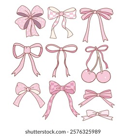 Hand drawn design with vintage coquette ribbon bow doodle retro pink vector isolated on white background