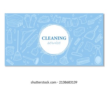 Hand drawn design visiting card for cleaning service. Clean Tools Banner Hand drawn Doodle style. Illustration for visiting, business card template, banner.