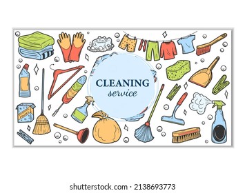 Hand drawn design visiting card for cleaning service. Clean Tools Banner Hand drawn Doodle style. Illustration for visiting, business card template, banner.
