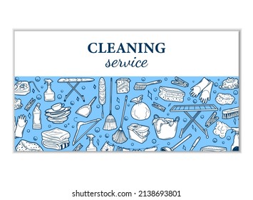 Hand drawn design visiting card for cleaning service. Clean Tools Banner Hand drawn Doodle style. Illustration for visiting, business card template, banner.