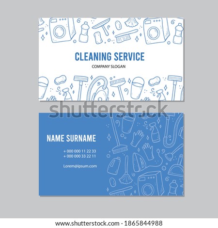 Hand drawn design visiting card for cleaning service. Doodle sketch style. Clean element drawn by digital brush-pen. Illustration for visiting, business card template.