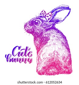 Hand Drawn for Design, Website, Background. Ink cute hare sketch with lettering. Cute little rabbit with a gradient from pink to purple. a cute little rabbit with a bow on his head.