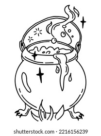 Hand drawn design of witch cauldron with feet bubbling potion in doodle style