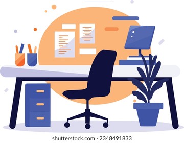 Hand Drawn desk in the office is organized in order in flat style isolated on background