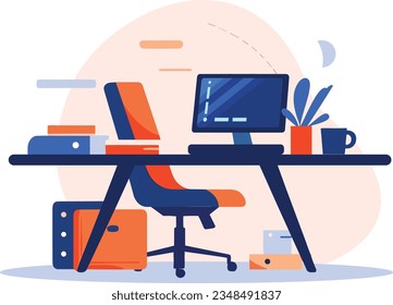 Hand Drawn desk in the office is organized in order in flat style isolated on background