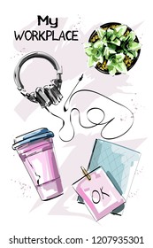Hand drawn desk set with headphones, plastic cup with drink, flowerpot, notes. Stylish workplace. Flat lay. Sketch.