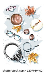Hand drawn desk set with headphones, coffee cup, autumn leaves, apple, watch, nuts, eyeglasses. Stylish workplace. Flat lay. Sketch.