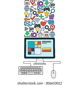 Hand drawn desktop computer with color web icons. Vector illustration.