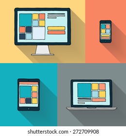 Hand drawn desktop computer, laptop, tablet and smart phone on color background  vector illustration.