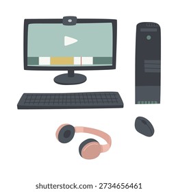 Hand drawn desktop computer set for video editing: monitor with play button and timeline, webcam, keyboard, mouse, PC tower and headphones. Soft pastel flat vector illustration for media production