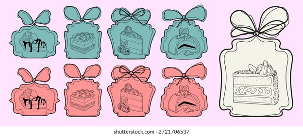 Postre dibujado a mano. Bolsa para pastel con lazo. Manijas atadas. Cupcake o piezas de pastel dentro de los paquetes. Pegatinas de comida para llevar. Caja de entrega. Pastel dulce con bayas y glaseado de chocolate. Conjunto de etiquetas de café de Vector