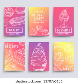 Hand drawn dessert and bakery banners vector collection. Illustration of card with cake and bakery, dessert ice cream