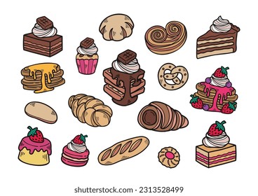 colección de panadería de postres dibujada a mano