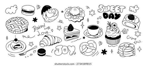 Hand drawn dessert and bakery doodle set with cake slice, croissant, cupcake, pretzel, pancakes, coffee cup and sweet lettering. Black and white vector illustration for menus, packaging, stickers and prints.