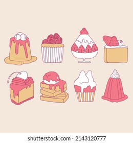 Hand drawn dessert and cake collection in doodle art style in pastel tone