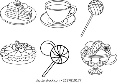 Hand Drawn Dessert and Candy Doodle Icons – Tea, Cake, Tart, Lollipops  Sweet Cup