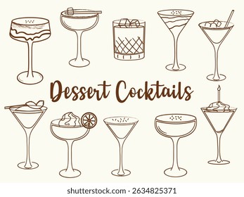 Hand drawn dessert cocktail illustrations. Vector line art of summer refreshing alcoholic beverages. Doodle style cocktail glasses for bar, menu, and party design.	
