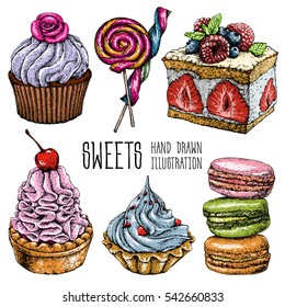 Hand drawn dessert collection. Vector illustration.