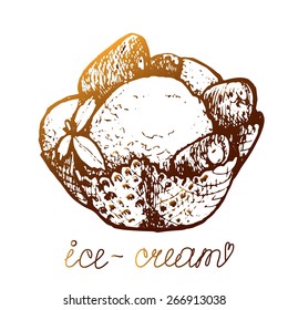 Hand drawn dessert. Ice cream in a waffle vase. Sketch of food. Sketch snacks in grunge style.
