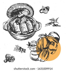 Hand drawn dessert nuts with condensed milk and pancakes with berries and mint