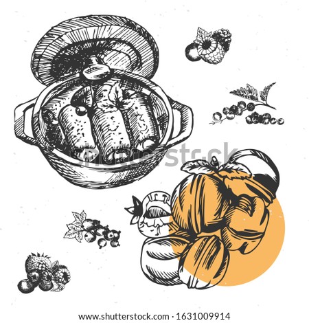 Hand drawn dessert nuts with condensed milk and pancakes with berries and mint