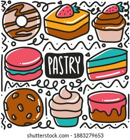 hand drawn dessert pastry doodle set with icons and design elements