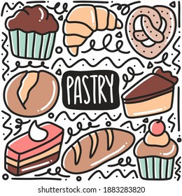 hand drawn dessert pastry doodle set with icons and design elements