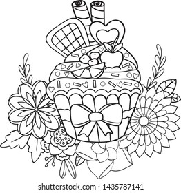 Hand drawn dessert pattern. Doodle sweet cup cake frame with place for text, coloring book or background decorative. Relaxation for adults and kids. Vector Illustration.