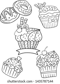 Hand drawn dessert pattern. Doodle sweet cup cake frame with place for text, coloring book or background decorative. Relaxation for adults and kids. Vector Illustration.