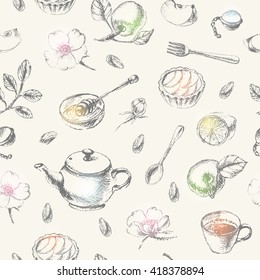 Hand drawn dessert seamless pattern with shiny spots.  Pencil sketch of tea party set, teapot, apple tart, tea cup, lemon, honey and apple, flower, fork, spoon.