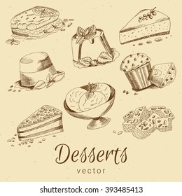 Hand drawn dessert set with panna cotta, tiramisu, cheese cake, pie, pancake, ice cream and turkish delicious