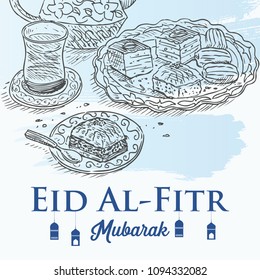 Hand drawn dessert and tea with text Eid al-Fitr Mubarak, the end of Ramadan.