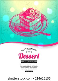 Hand drawn dessert typographical background with blurred bokeh lights and place for text.