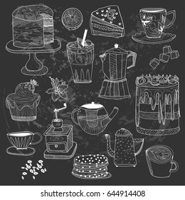 Postres dibujados a mano, café y té. Elementos aislados. Conjunto de vectores gráficos. Estilo de chalé